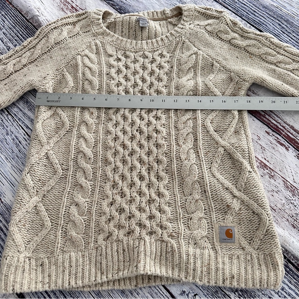 Carhartt Oatmeal Tan Wool Blend Cable Knit Sweater With Elbow Patch - Picture 10 of 10